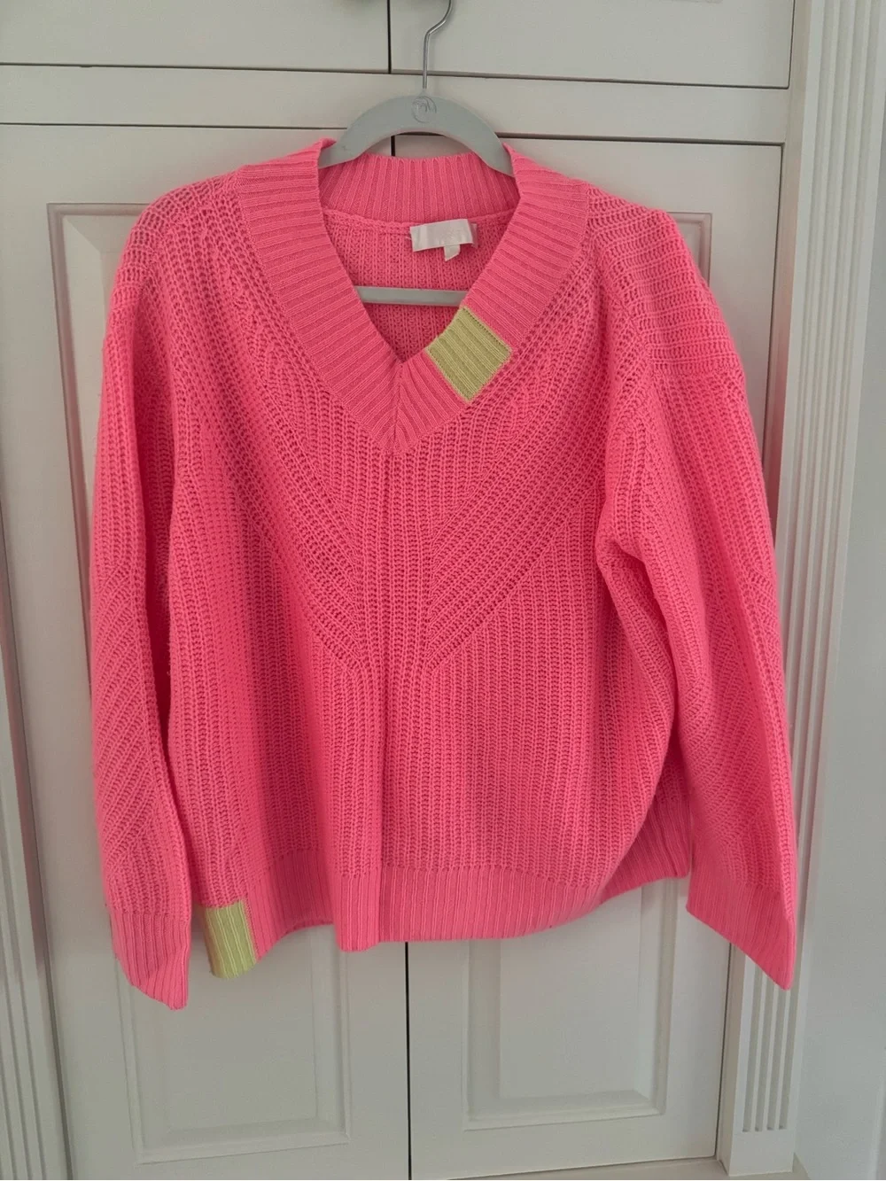 Lisa Todd Pink V-Neck Cashmere Sweater with Lemon Accent